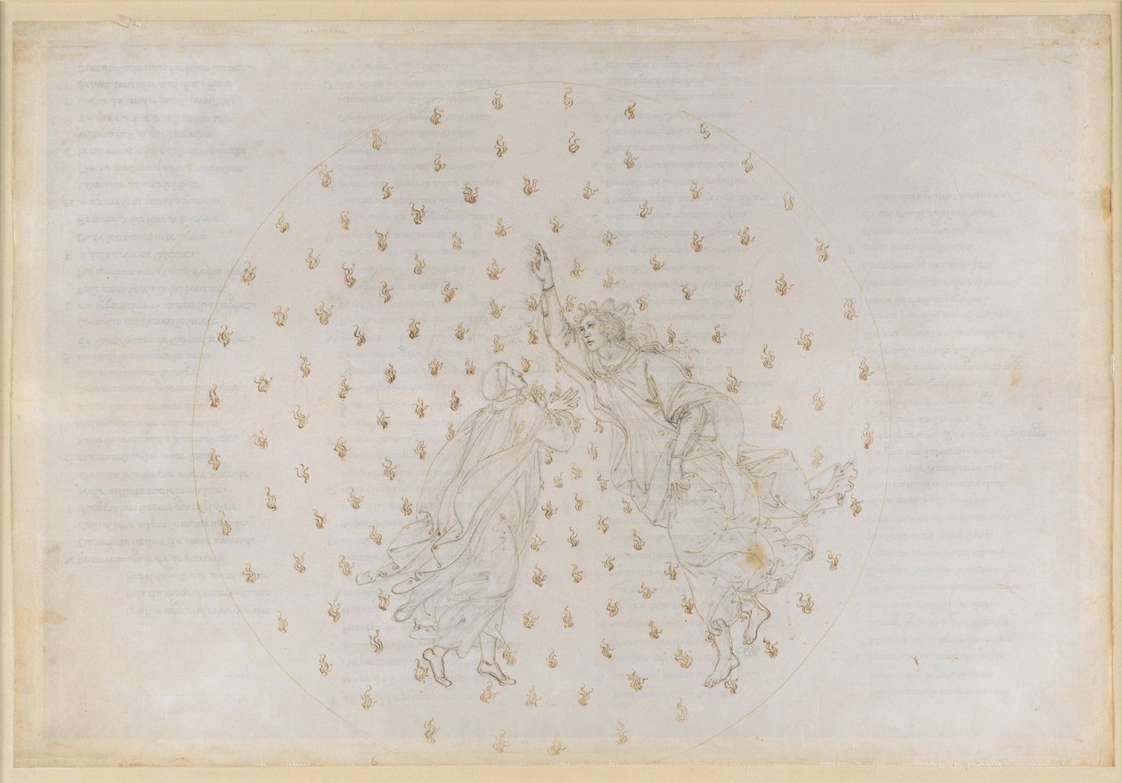 La Divina Comedia, Paraíso VI. Segunda esfera planetaria (Cielo de Mercurio): Justiniano le cuenta a Dante la historia del Imperio y le habla de las almas de los justos en Mercurio de Sandro Botticelli