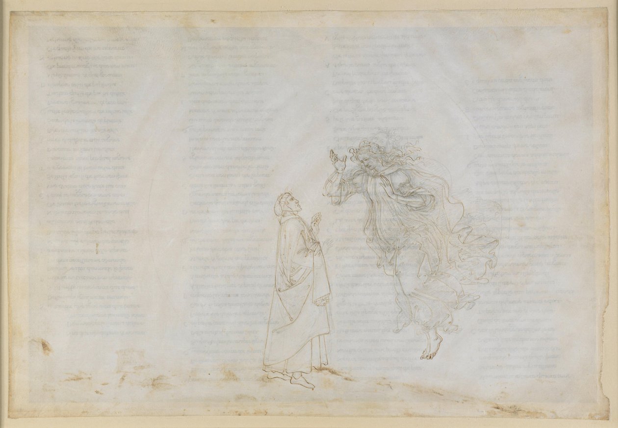 La Divina Comedia, Paraíso V. Primera esfera planetaria (cielo lunar): Beatriz explica a Dante los principios de la dispensa eclesiástica; ascenso a la esfera de Marte de Sandro Botticelli
