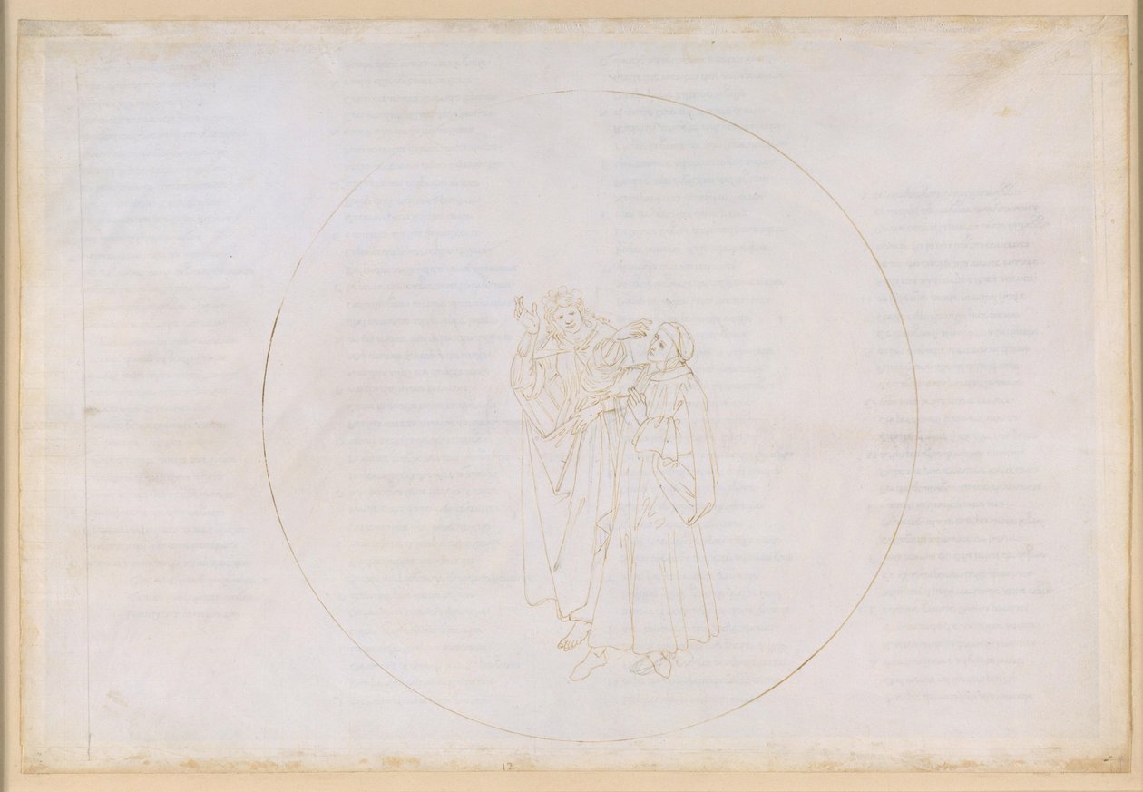 La Divina Comedia, Paraíso XII. Cuarta esfera planetaria (cielo solar): el franciscano Buenaventura alaba la vida y la obra de santo Domingo y reprende la división existente en su propia orden. de Sandro Botticelli