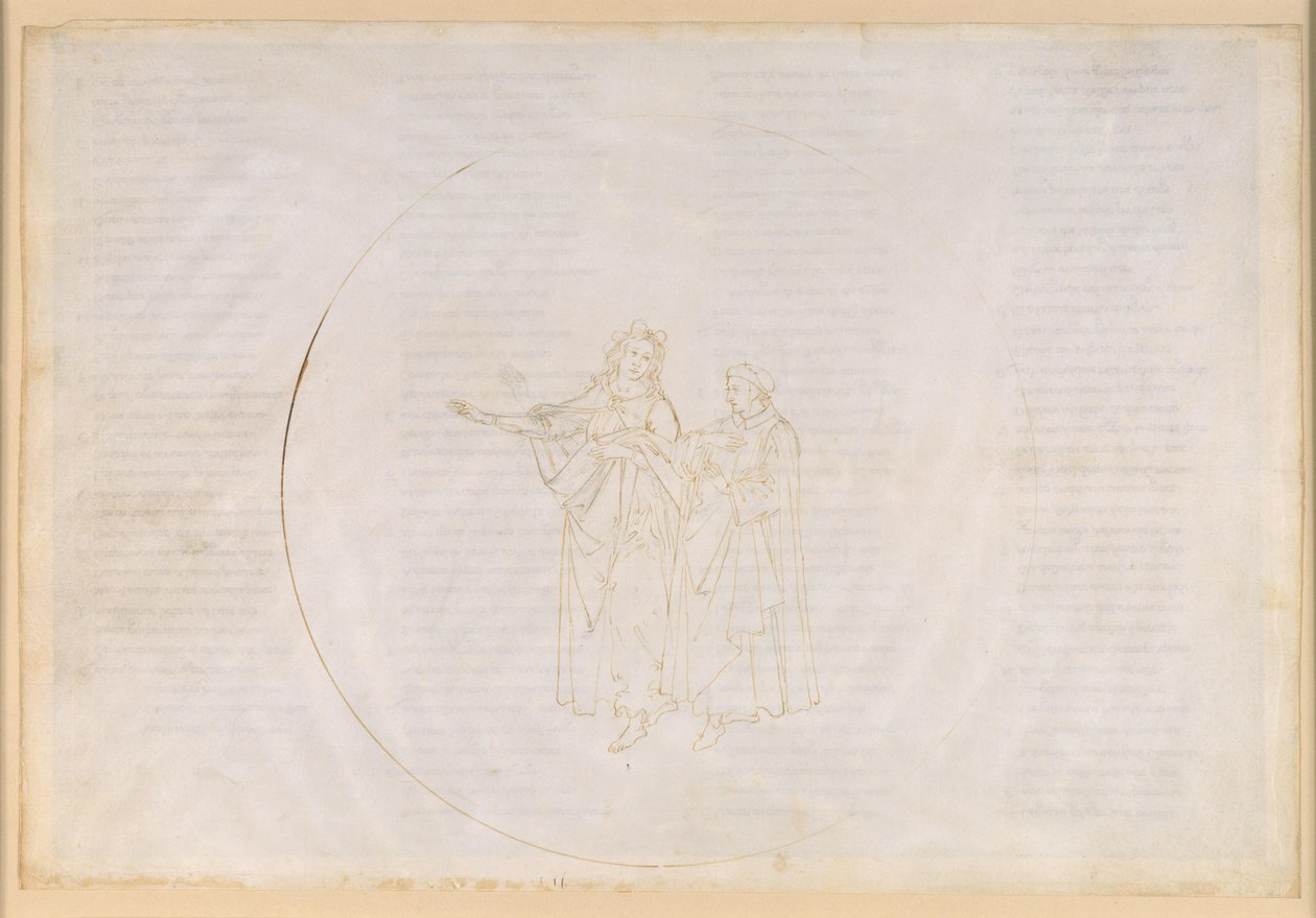 La Divina Comedia, Paraíso XI. Cuarta esfera planetaria (cielo solar): Tomás de Aquino elogia ante Dante la labor de Francisco de Asís y lamenta la secularización de su propia orden, la dominicana. de Sandro Botticelli