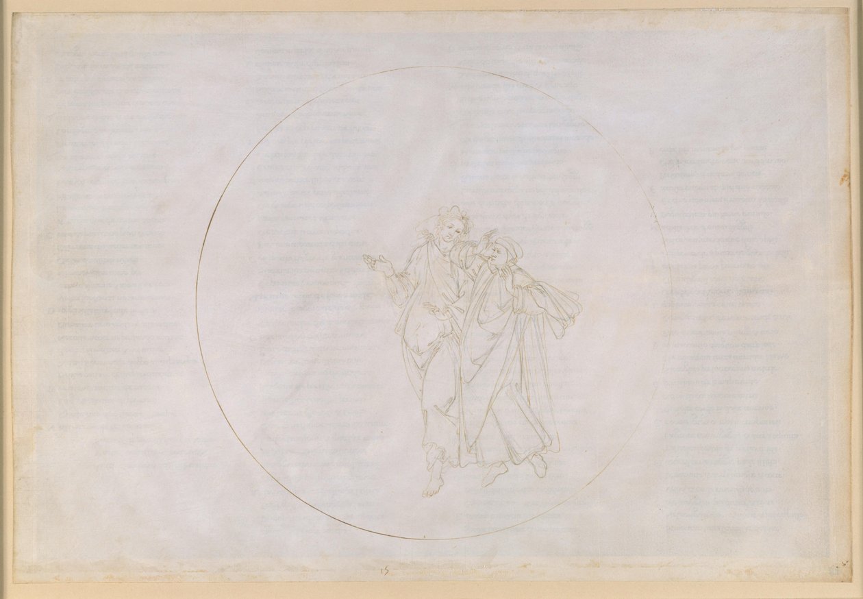 La Divina Comedia, Paraíso XV. Quinta esfera planetaria (cielo de Marte): Cacciaguida, antepasado de la familia Alighieri, le habla a Dante de sus antepasados en la antigua Florencia. de Sandro Botticelli