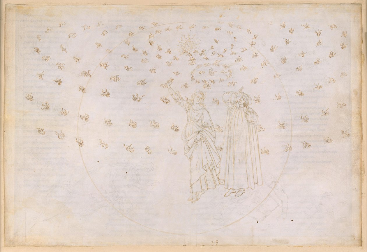 La Divina Comedia, Paraíso XXIII. Octava esfera (cielo de las estrellas fijas): visión del triunfo de Cristo; Dante ve a Beatriz en su verdadera forma; la danza de María y los doce apóstoles de Sandro Botticelli