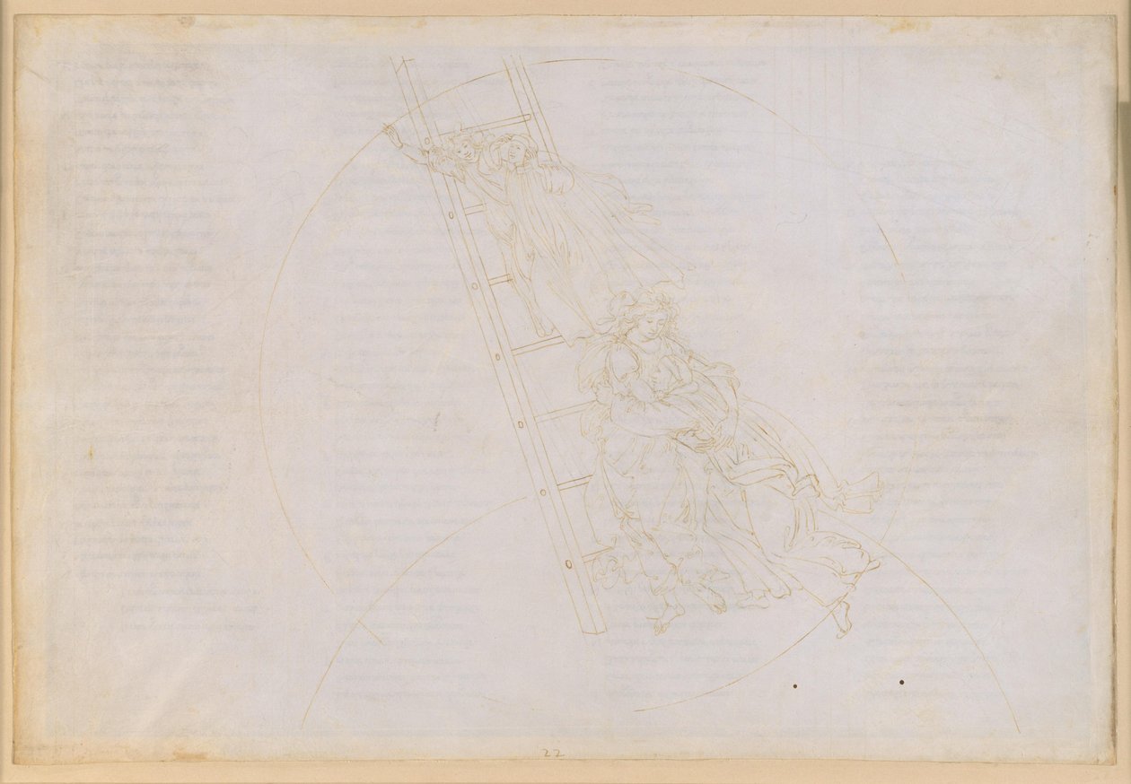 La Divina Comedia, Paraíso XXII. Séptima esfera planetaria (cielo de Saturno): relato de San Benito; ascenso por la escalera de Jacob hasta el cielo de las estrellas fijas de Sandro Botticelli