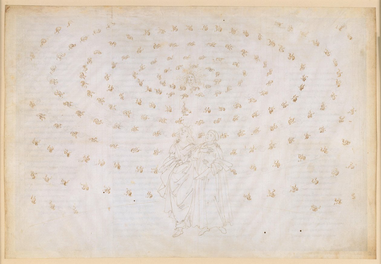 La Divina Comedia, Paraíso XXIV. Octava esfera (cielo de las estrellas fijas): Beatriz le pide a Pedro que ponga a prueba a su discípulo en la verdadera fe, la primera virtud teológica; la profesión de fe de Dante de Sandro Botticelli