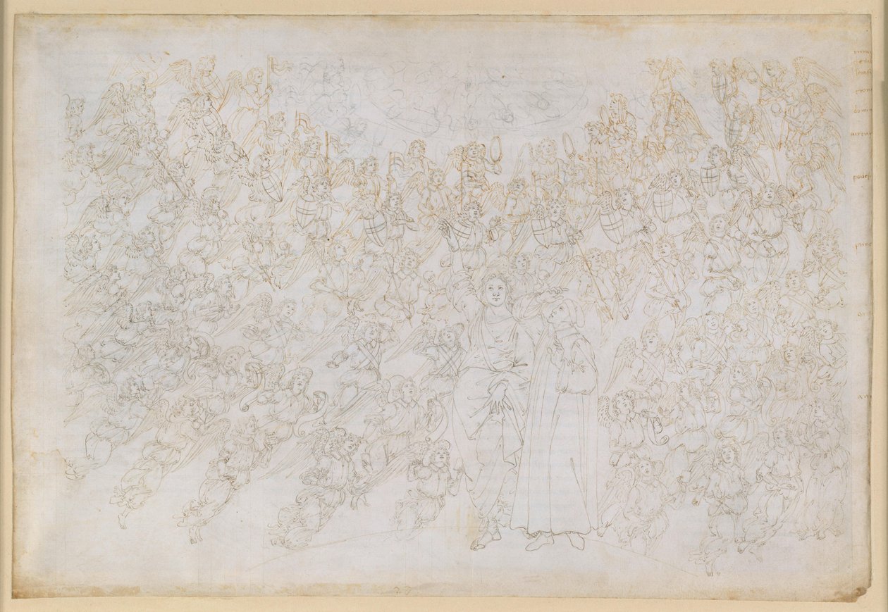 La Divina Comedia, Paraíso XXVIII. Novena esfera (Cielo de Cristal o Primum Mobile): Dante ve a Dios como un punto de luz deslumbrante, rodeado por coros de ángeles; Beatriz explica la jerarquía y las fuerzas activas de la esfera. de Sandro Botticelli