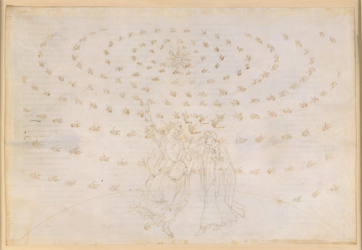 La Divina Comedia, Paraíso XXVI. Octava esfera (cielo de las estrellas fijas): Juan pregunta a Dante sobre la tercera virtud teologal, el amor; Dante recupera su vista con mayor intensidad; aparece la luz de Adán. de Sandro Botticelli
