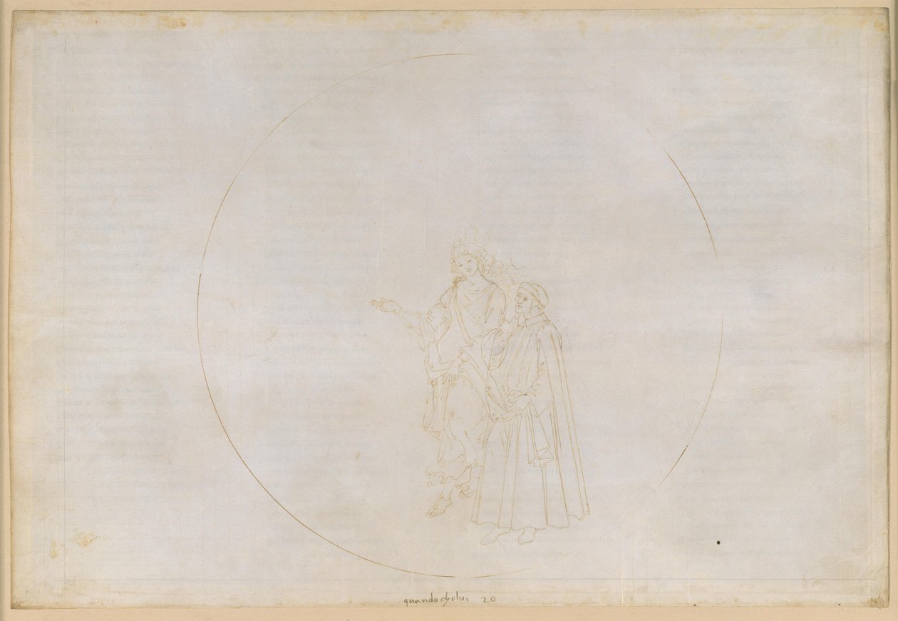 La Divina Comedia, Paraíso XX. Sexta esfera planetaria (cielo de Júpiter): el águila señala las llamas que forman su ojo, entre las que se encuentran dos paganos, lo que alimenta las dudas de Dante y, finalmente, las disipa. de Sandro Botticelli