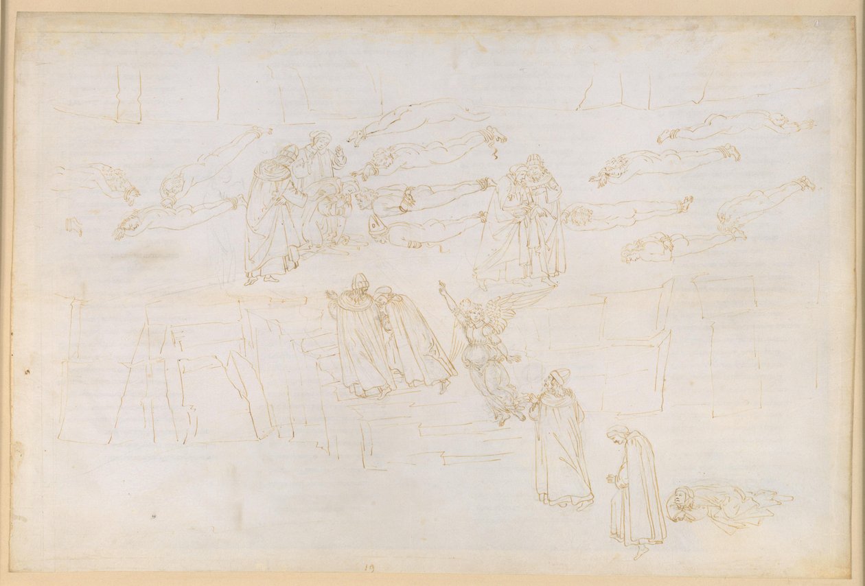 La Divina Comedia, Purgatorio XIX. Ascenso al quinto círculo del Purgatorio: el sueño de Dante sobre Sirento; la penitencia de los avaros y los derrochadores; conversación con Adriano V. de Sandro Botticelli