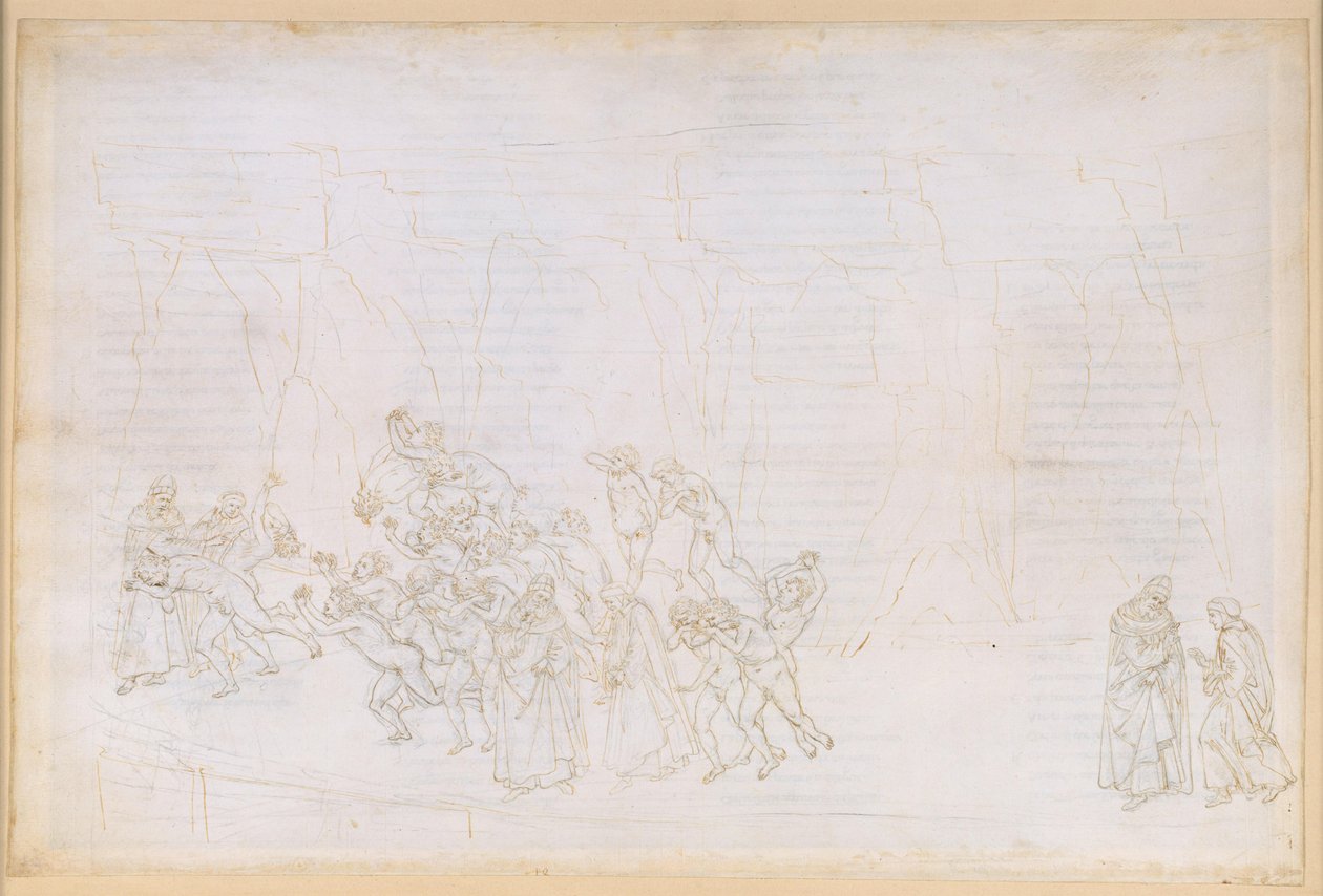 La Divina Comedia, Purgatorio XVIII. Cuarto círculo: Virgilio explica a Dante el principio del amor y el papel del libre albedrío; la penitencia de los perezosos de Sandro Botticelli