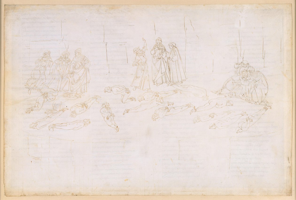 La Divina Comedia, Purgatorio XXI. Quinto círculo del Purgatorio: la penitencia de los avaros y los derrochadores; aparición de Estacio de Sandro Botticelli