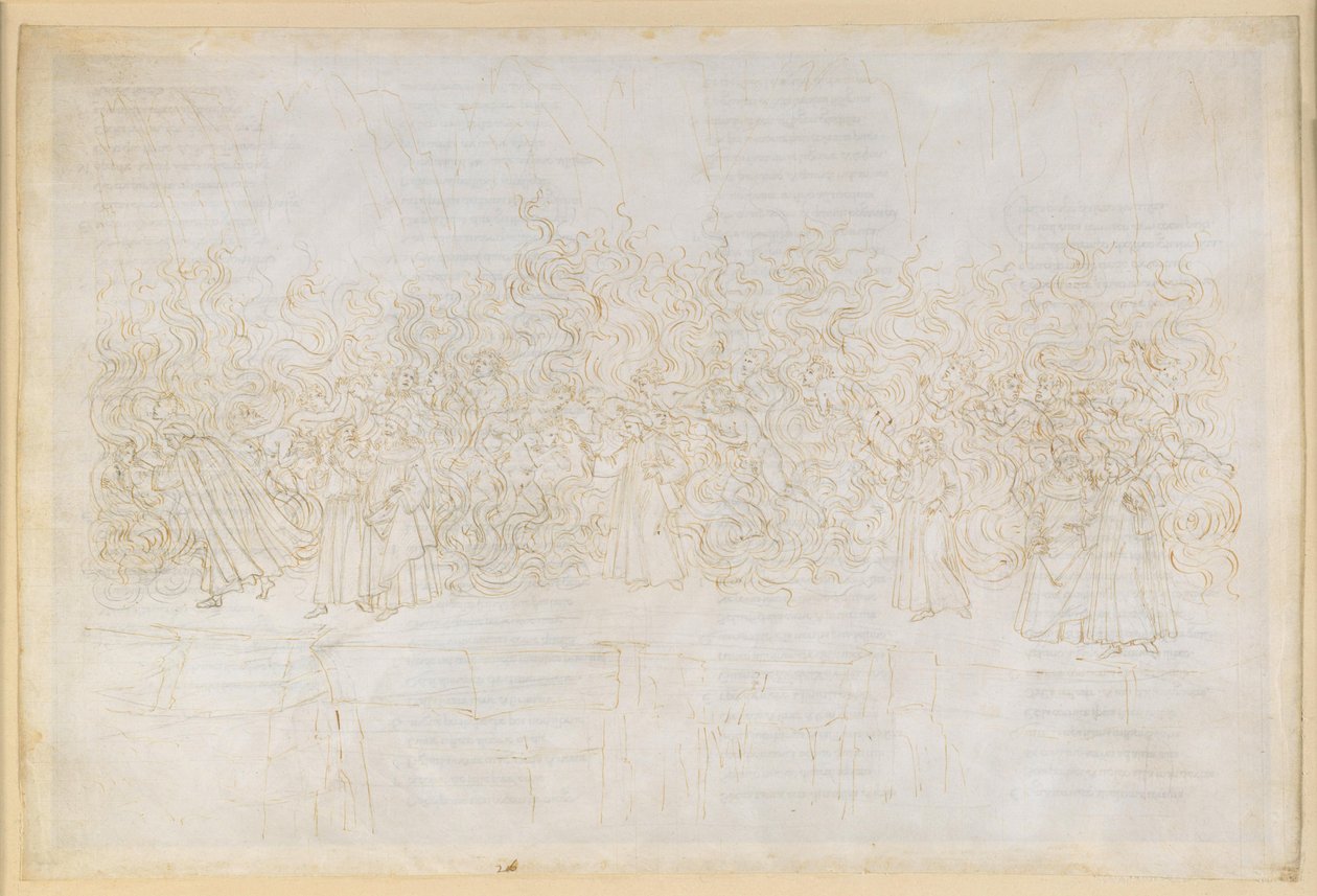 La Divina Comedia, Purgatorio XXVI. Séptimo círculo del Purgatorio: la penitencia de los lujuriosos; conversación de Dante con Guido Guinizelli de Sandro Botticelli