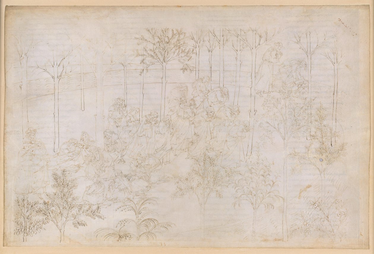 La Divina Comedia, Purgatorio XXXIII. El Paraíso Terrenal: Beatriz en el círculo de las virtudes; la partida; el baño de Dante en el río Eunoe de Sandro Botticelli