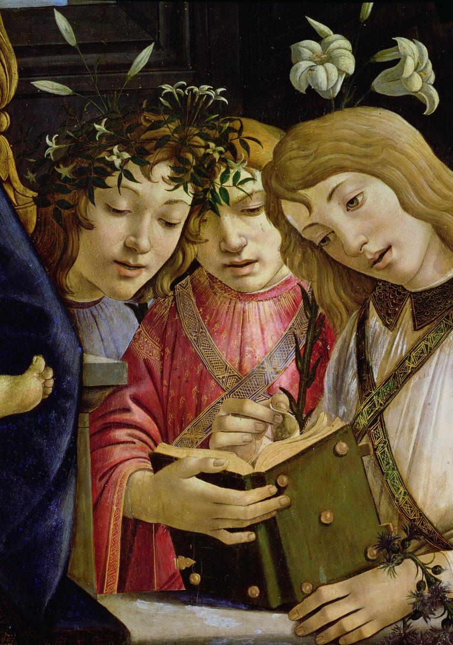 Madonna y niño con el joven San Juan Bautista y ángeles: detalle mostrando tres ángeles (detalle) de Sandro Botticelli