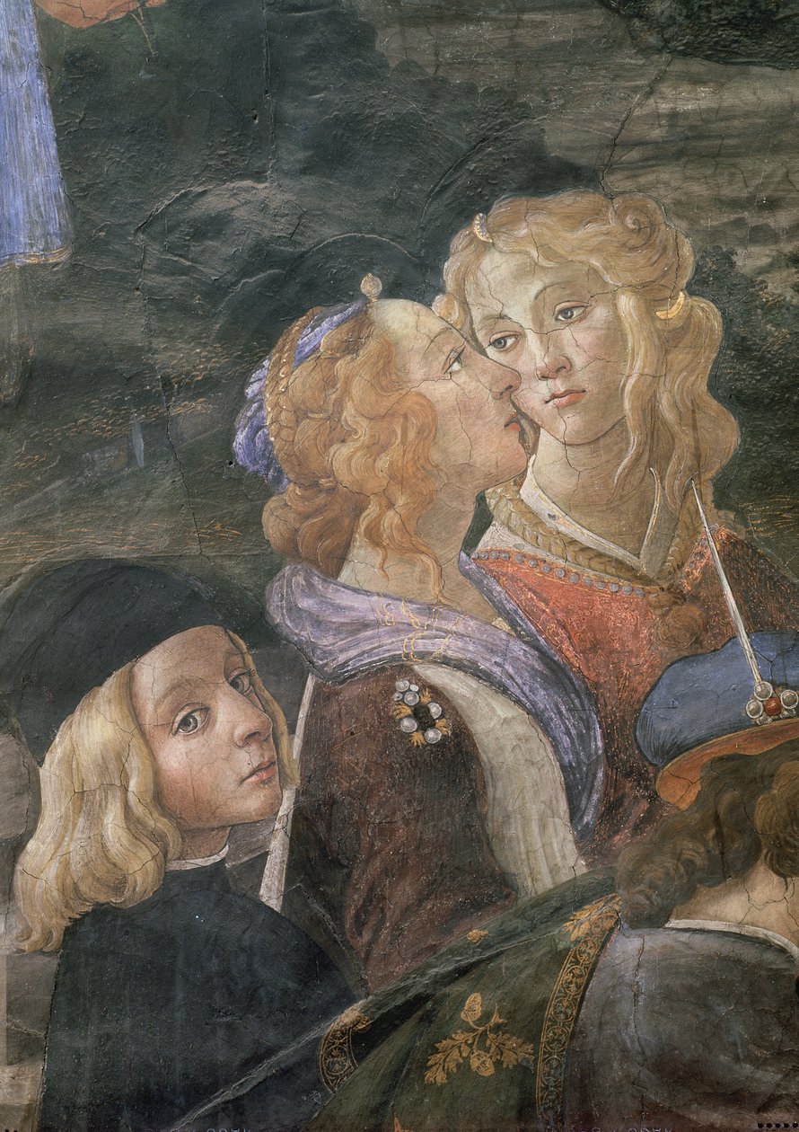 La Purificación del Leproso y la Tentación de Cristo, en la Capilla Sixtina: (detalle) de dos mujeres y un niño en la multitud, 1481 de Sandro Botticelli