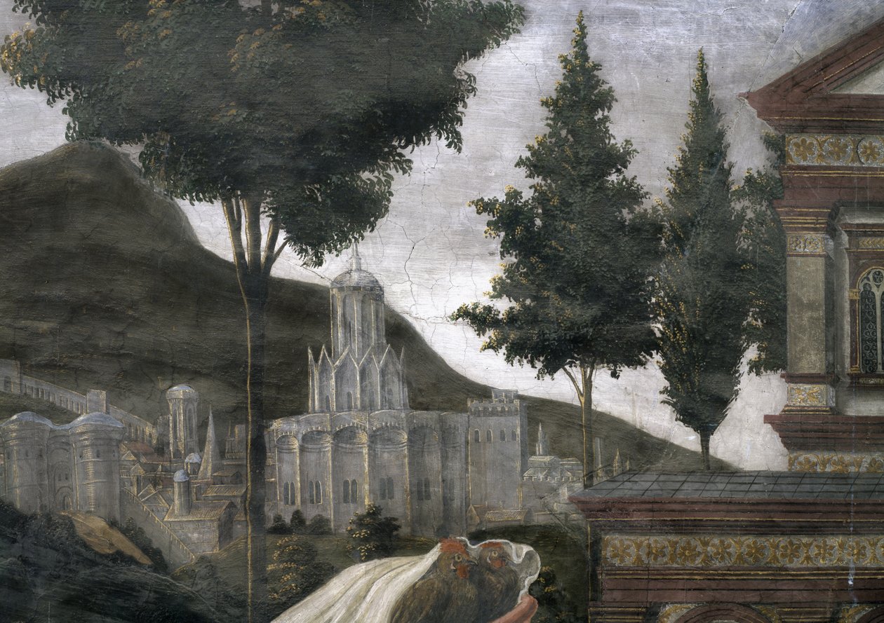 La Purificación del Leproso y la Tentación de Cristo, en la Capilla Sixtina: (detalle) de una ciudad imaginaria en un paisaje, 1481 de Sandro Botticelli