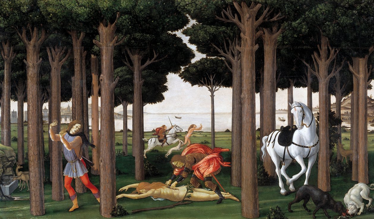 La historia de Nastagio degli Onesti Segundo episodio, ca 1483 de Sandro Botticelli