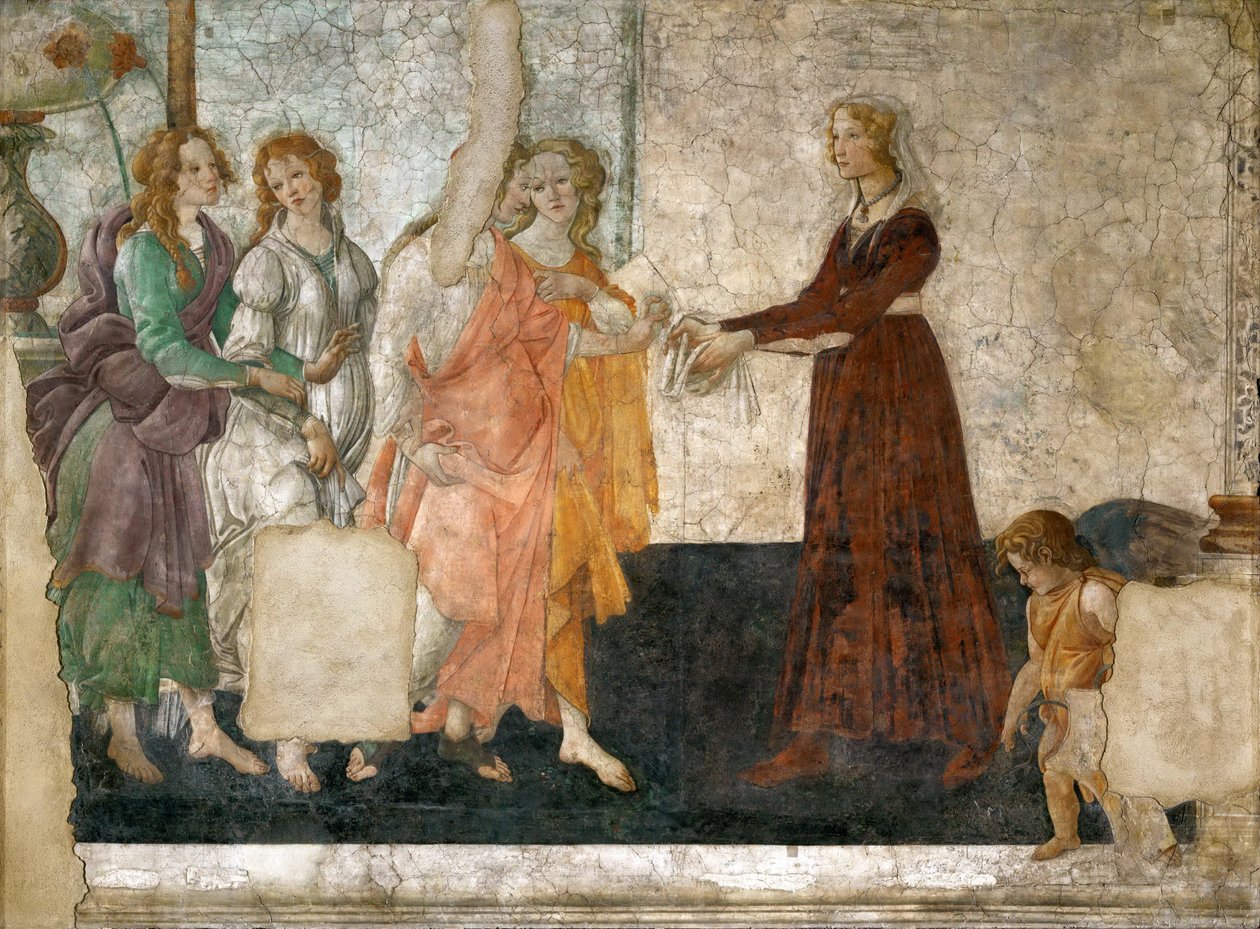 Venus y las Tres Gracias ofreciendo regalos a una joven, 1484-1486 de Sandro Botticelli