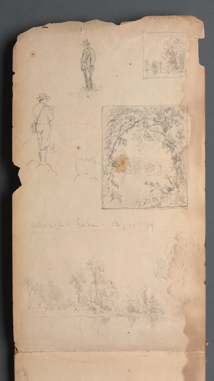 Cuaderno de bocetos, página 01: Autorretratos con viñetas de Sanford Robinson Gifford