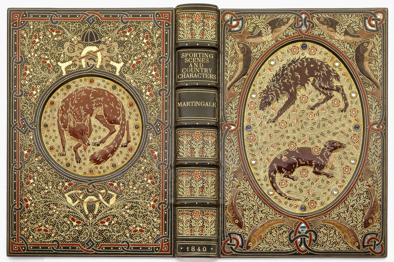 Una encuadernación ornamental con joyas, que representa varios animales de Sangorski and Sutcliffe