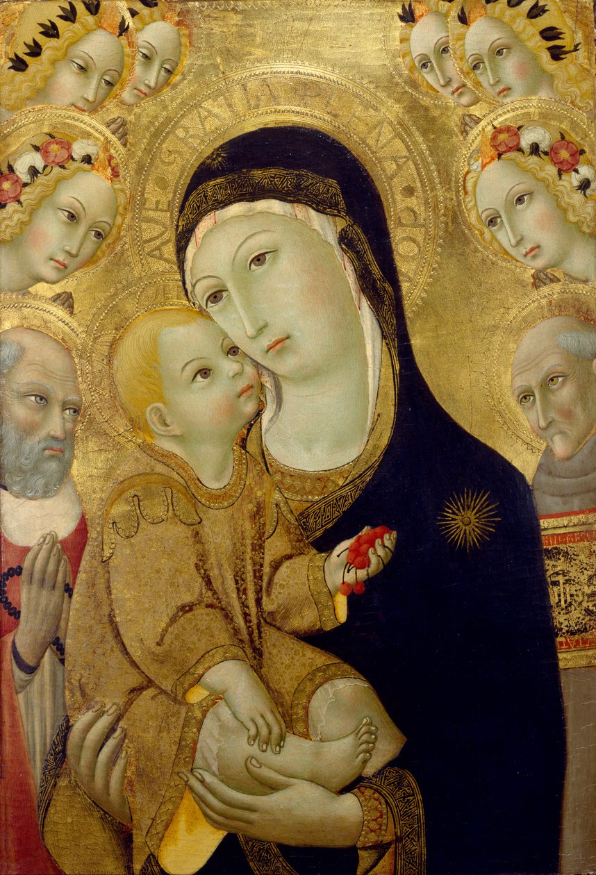 Virgen y Niño con los santos Jerónimo y Bernardino de Siena y seis ángeles, 1460s de Sano di Pietro