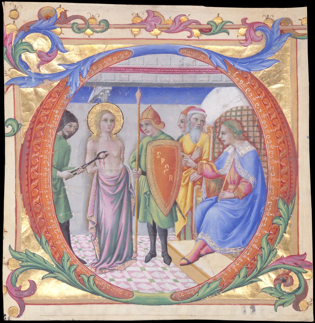 Martirio de Santa Águeda en una Inicial D, ca. 1470-73 de Sano di Pietro