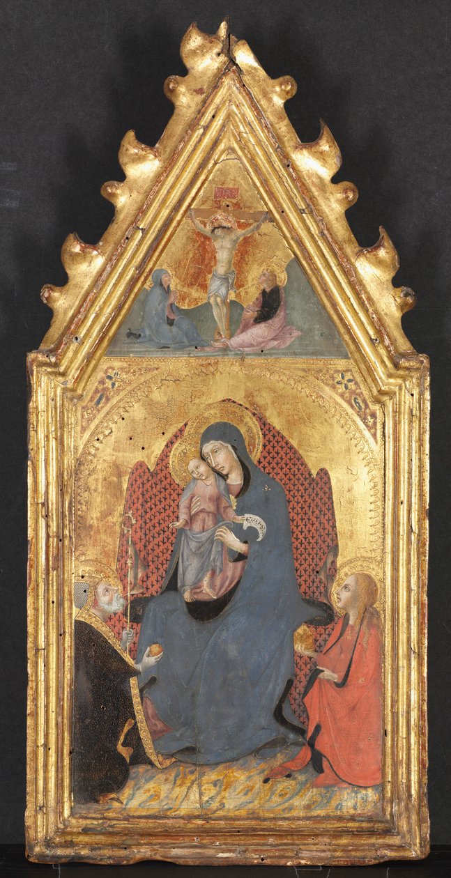 Virgen y Niño Adorados por los Santos María Magdalena y Nicolás de Bari, Cristo Crucificado..., 1400s de Sano di Pietro