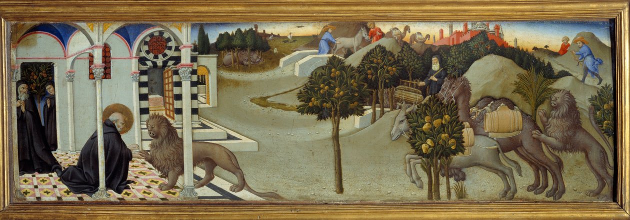 Escena de la vida de San Jerónimo: San Jerónimo quita una espina de la pata del león; el león persigue a los ladrones que habían robado el burro del convento y trae consigo una caravana de camellos cargados de bienes de Sano di also Ansano di Pietro di Mencio Pietro