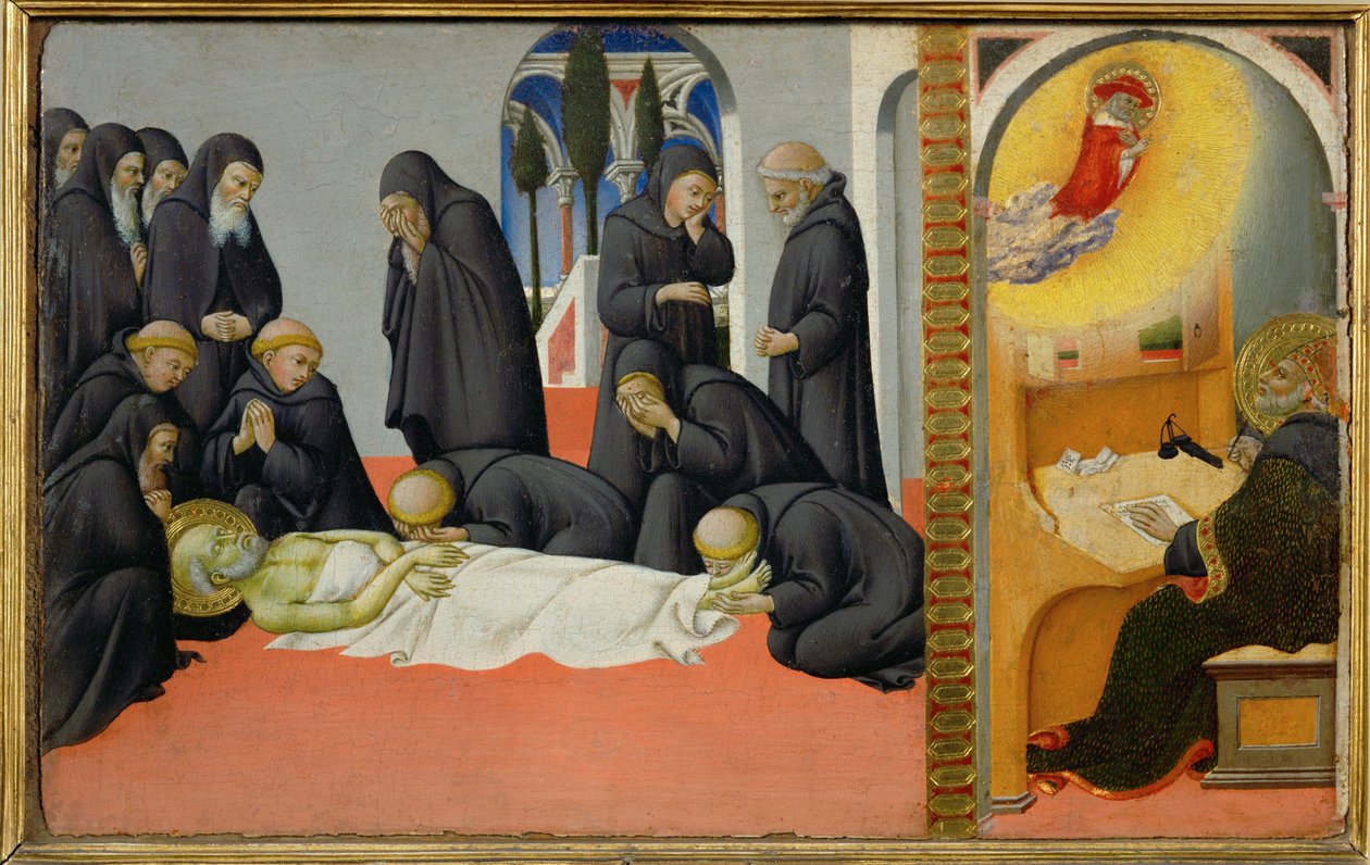 La muerte de San Jerónimo entre sus discípulos: se presenta a San Cirilo, obispo de Jerusalén ... de Sano di also Ansano di Pietro di Mencio Pietro