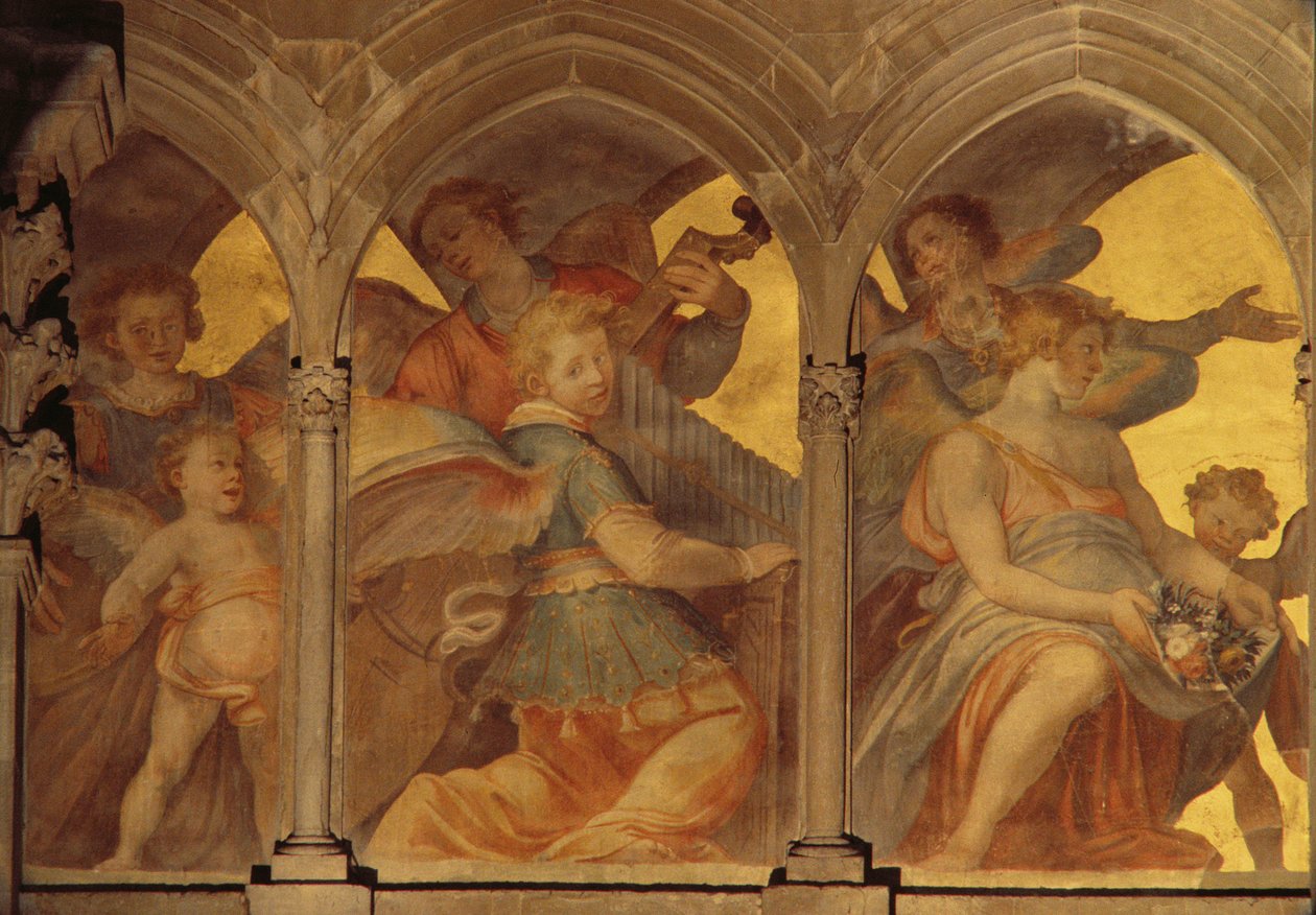 Ángeles musicales dentro de un claustro trompe l