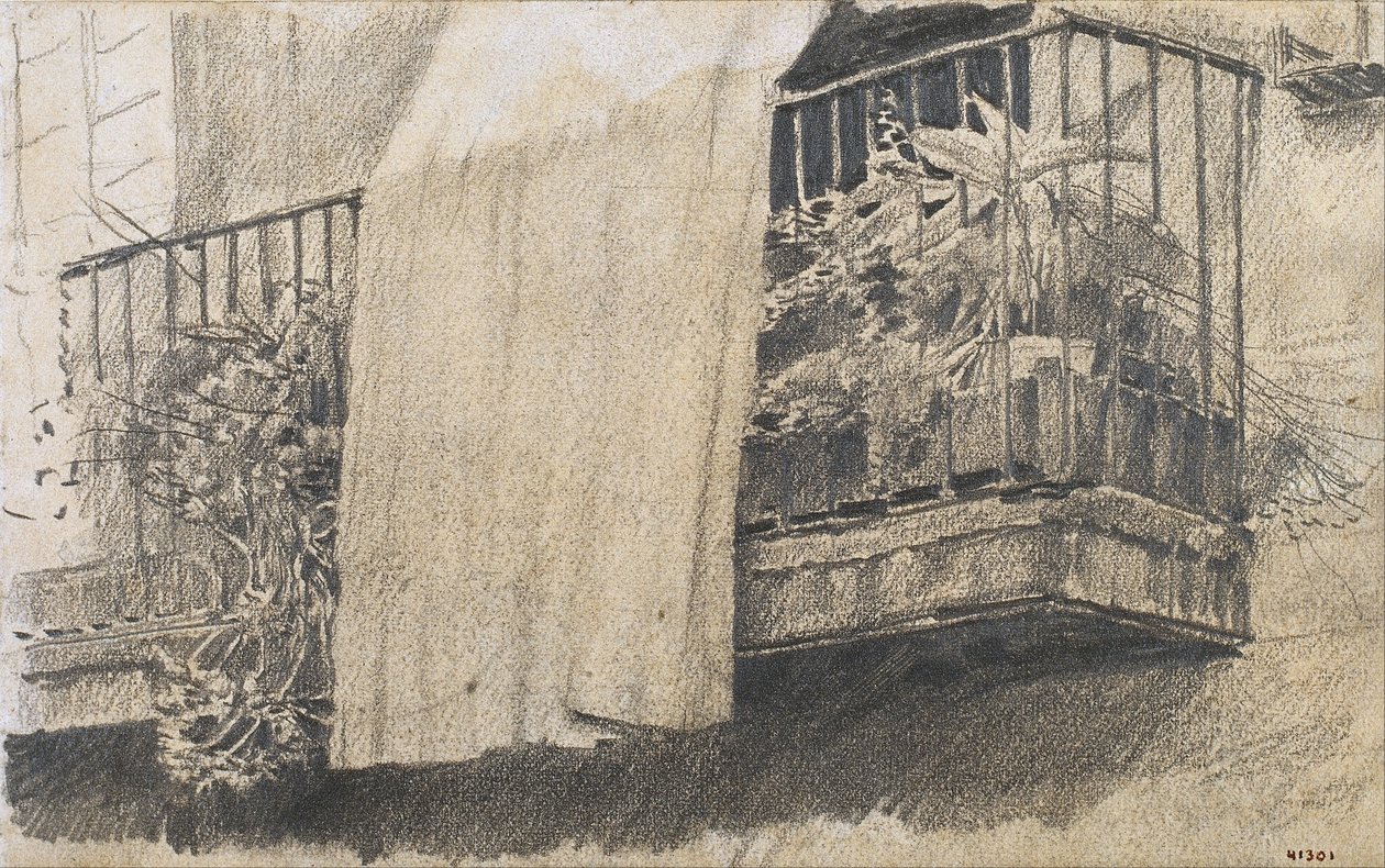 Balcón con flores y cortina de Santiago Rusiñol