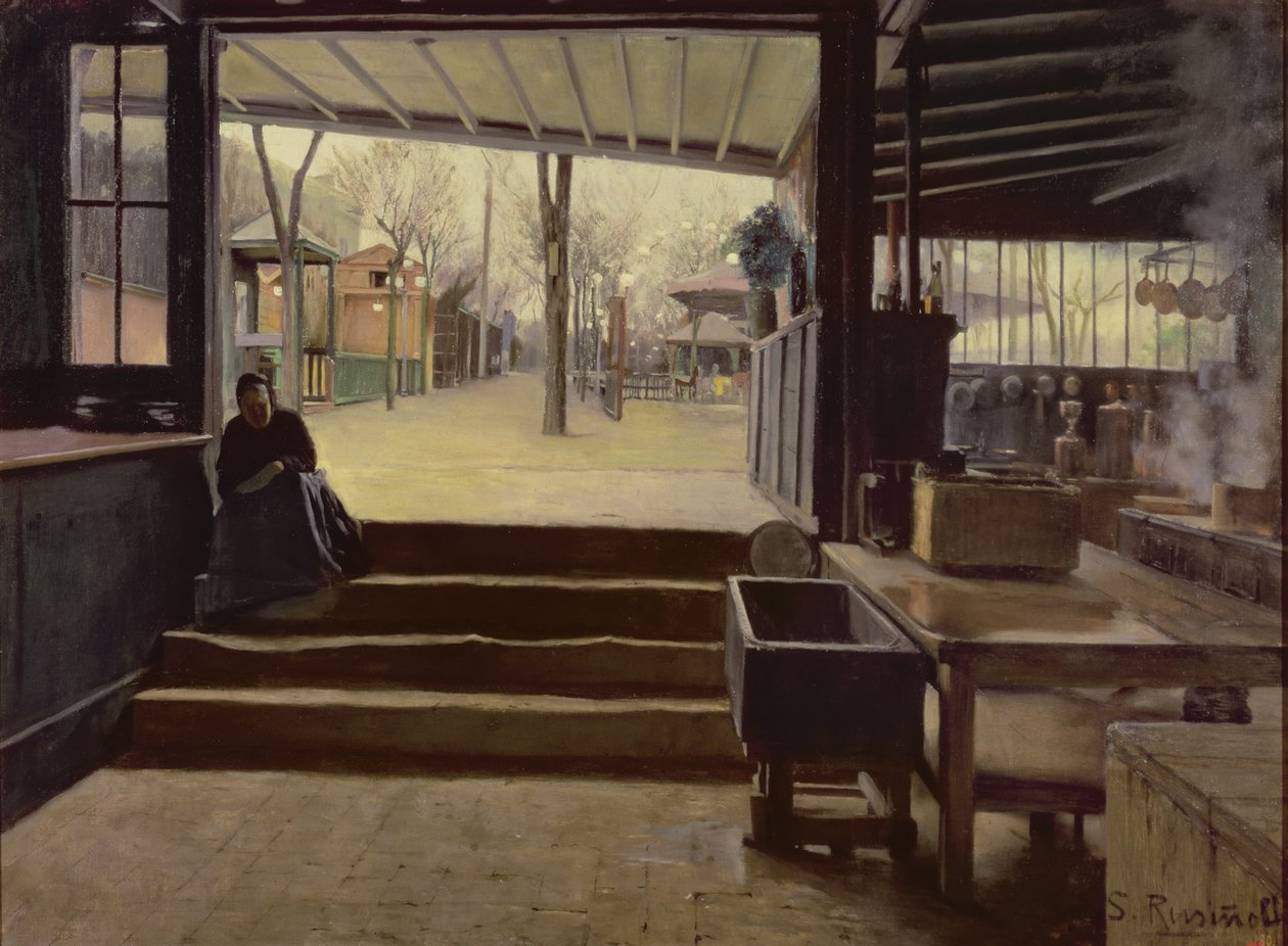 La cocina o el laboratorio del Moulin de la Galette, París (óleo sobre lienzo) de Santiago Rusinol i Prats