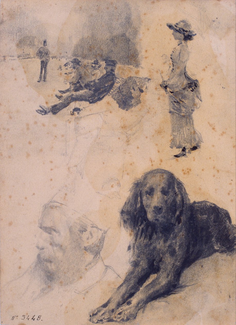Estudios de figuras y estudio de perro de Santiago Rusiñol