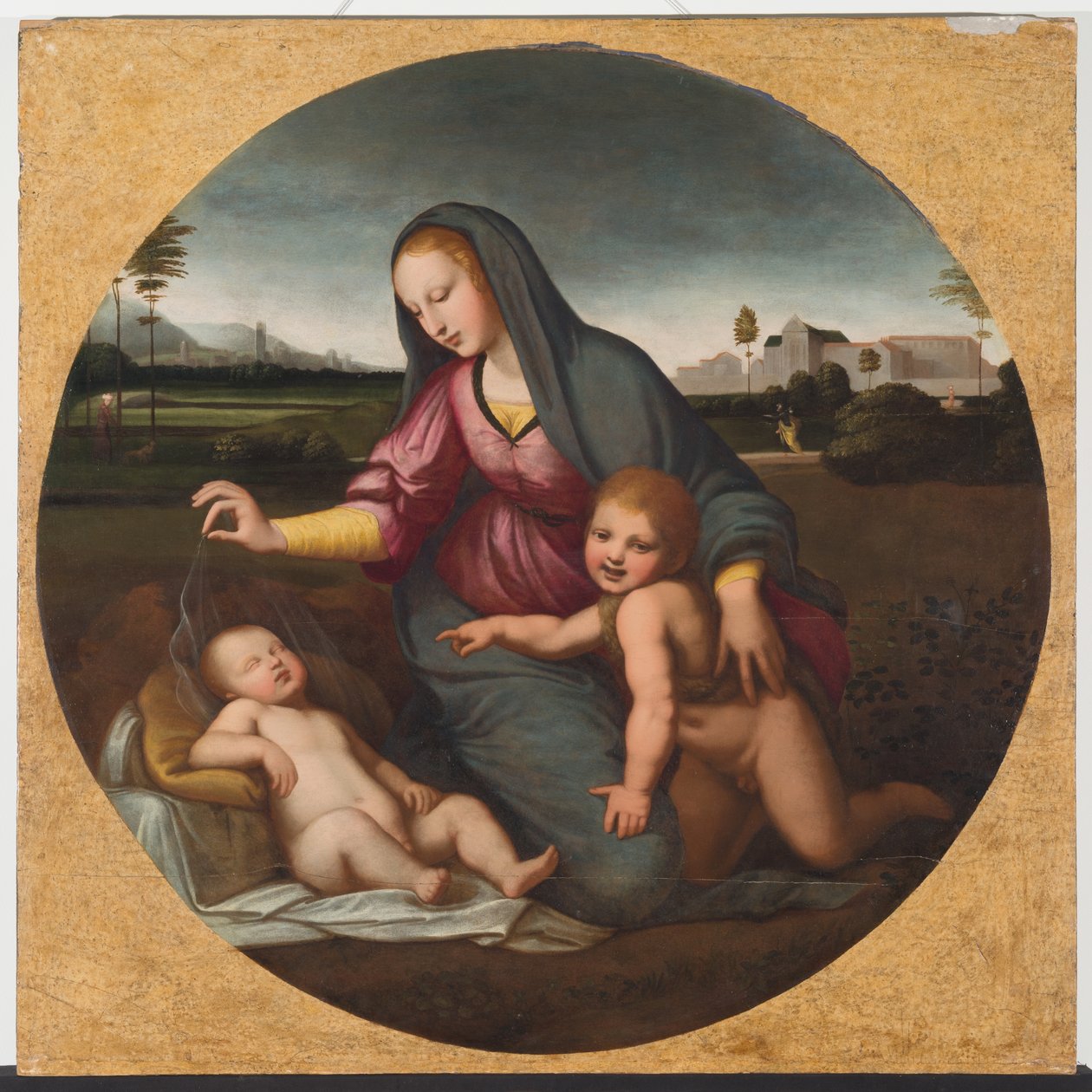 Virgen con el Niño y el Joven San Juan, c.1500 (óleo sobre madera) de Sanzio of Urbino (follower of) Raphael