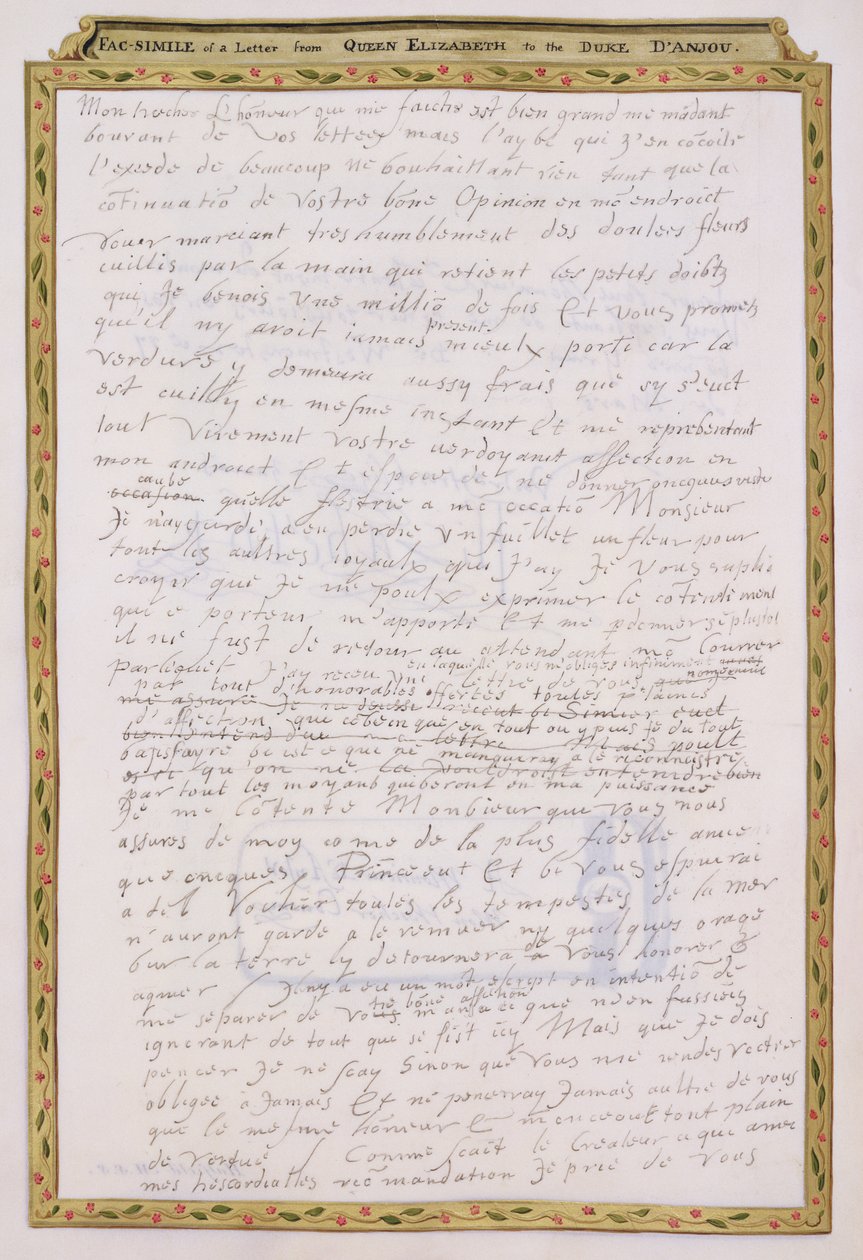Facsímil de una carta de Isabel I a Francisco de Valois, Duque de Anjou y de Alençon, de 