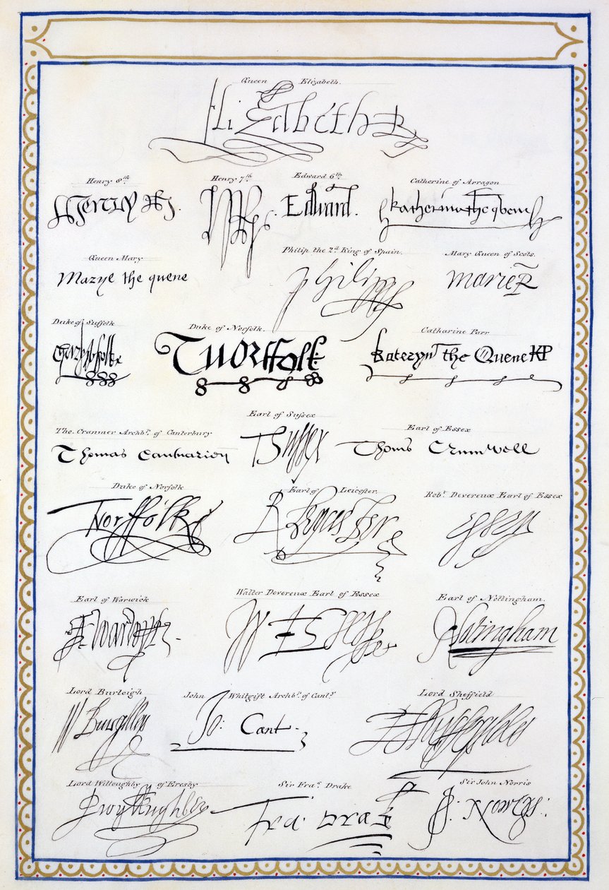 Reproducción de firmas de los Tudor y su corte de 