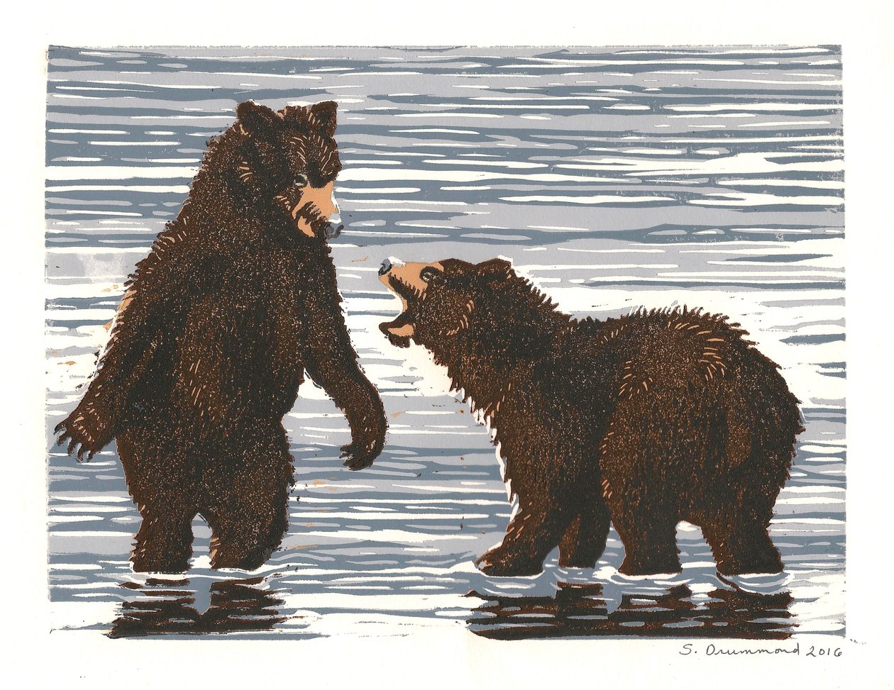 Retozos en el arroyo del salmón, 2016 (linograbado) de Sarah Drummond
