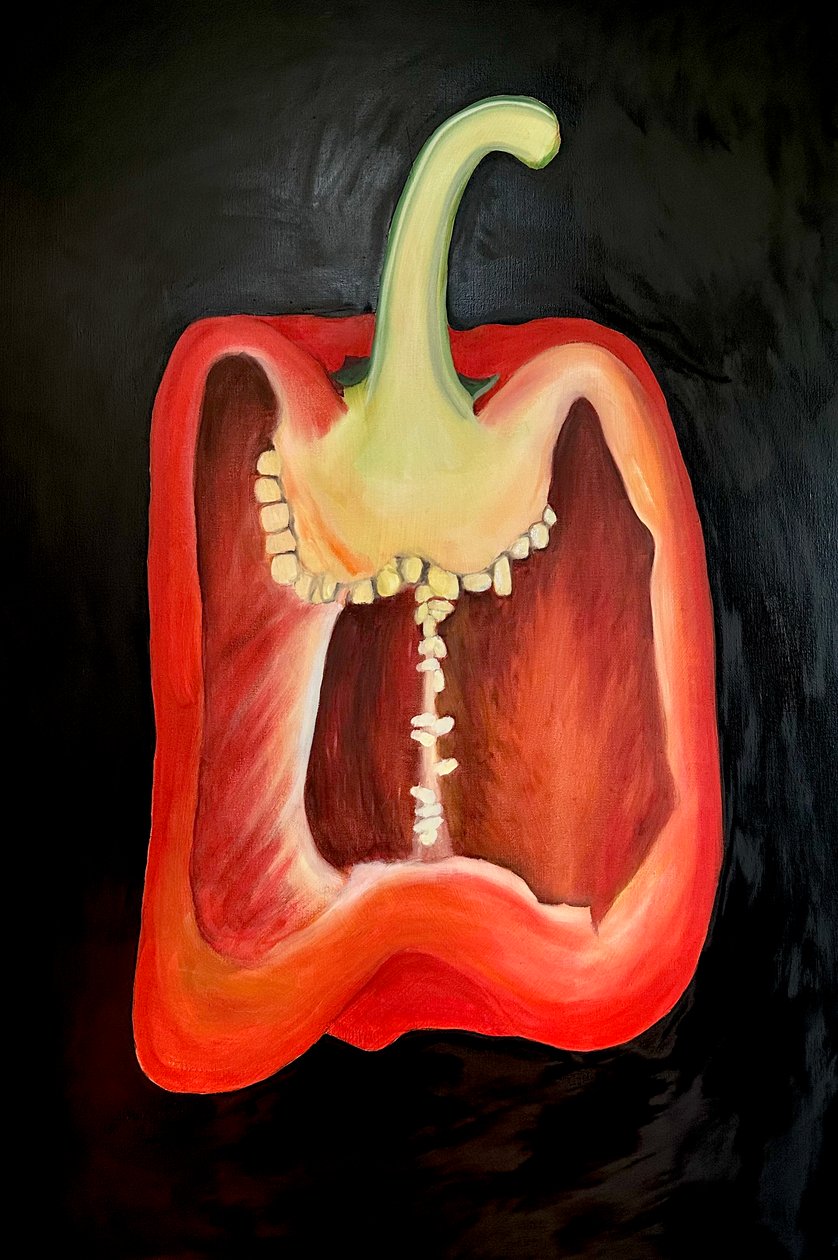 Medio pimiento rojo, 2024 (óleo sobre lienzo) de Sarah Thompson Engels