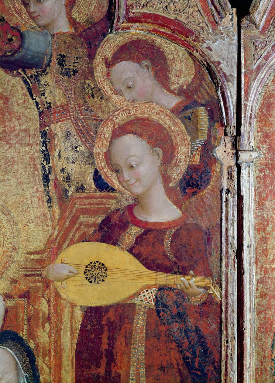 Detalle de músicos ángeles de una pintura de la Virgen y el Niño rodeados por seis ángeles de Stefano Sassetta