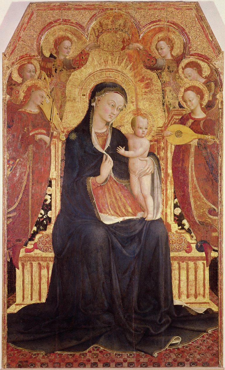 Madonna y el Niño entronizados con seis ángeles, panel central de un retablo, 1437-44 (detalle) de Stefano Sassetta