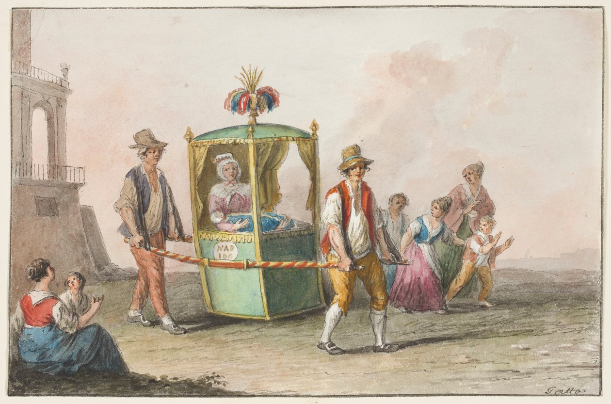 Acuarela; Una partera con un bebé camino a la iglesia para el bautizo de Saverio della Gatta