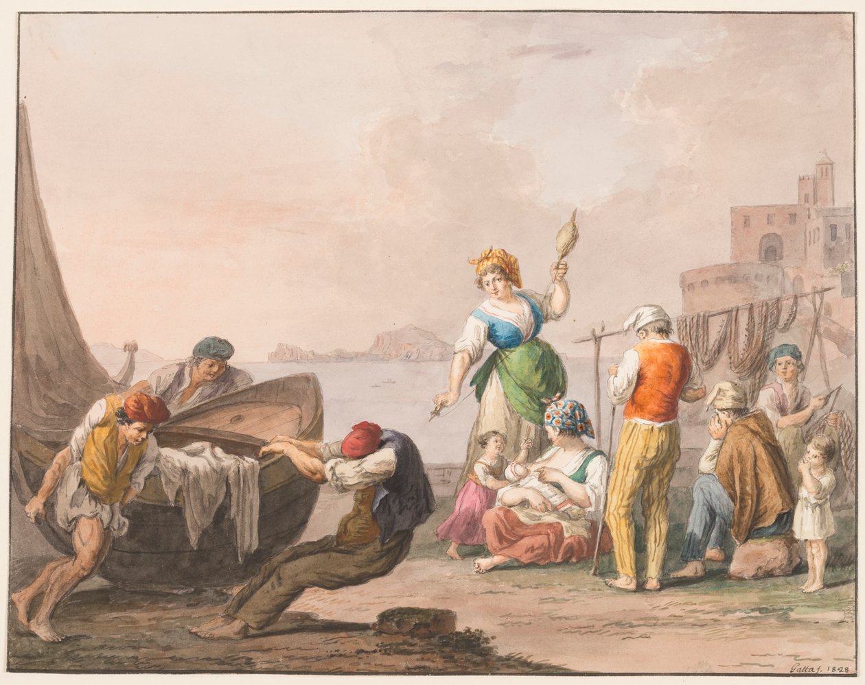 Acuarela; En la orilla en Chiaja de Saverio della Gatta