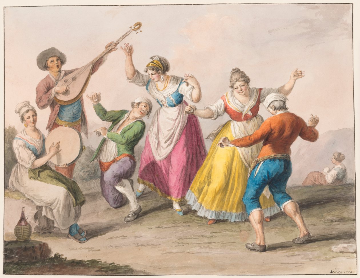Acuarela; bailarines de tarantela de Saverio della Gatta
