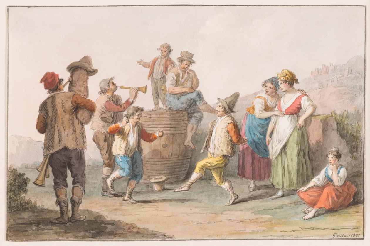 Acuarela; Dos campesinos bailando al son de gaita y cuerno de Saverio della Gatta