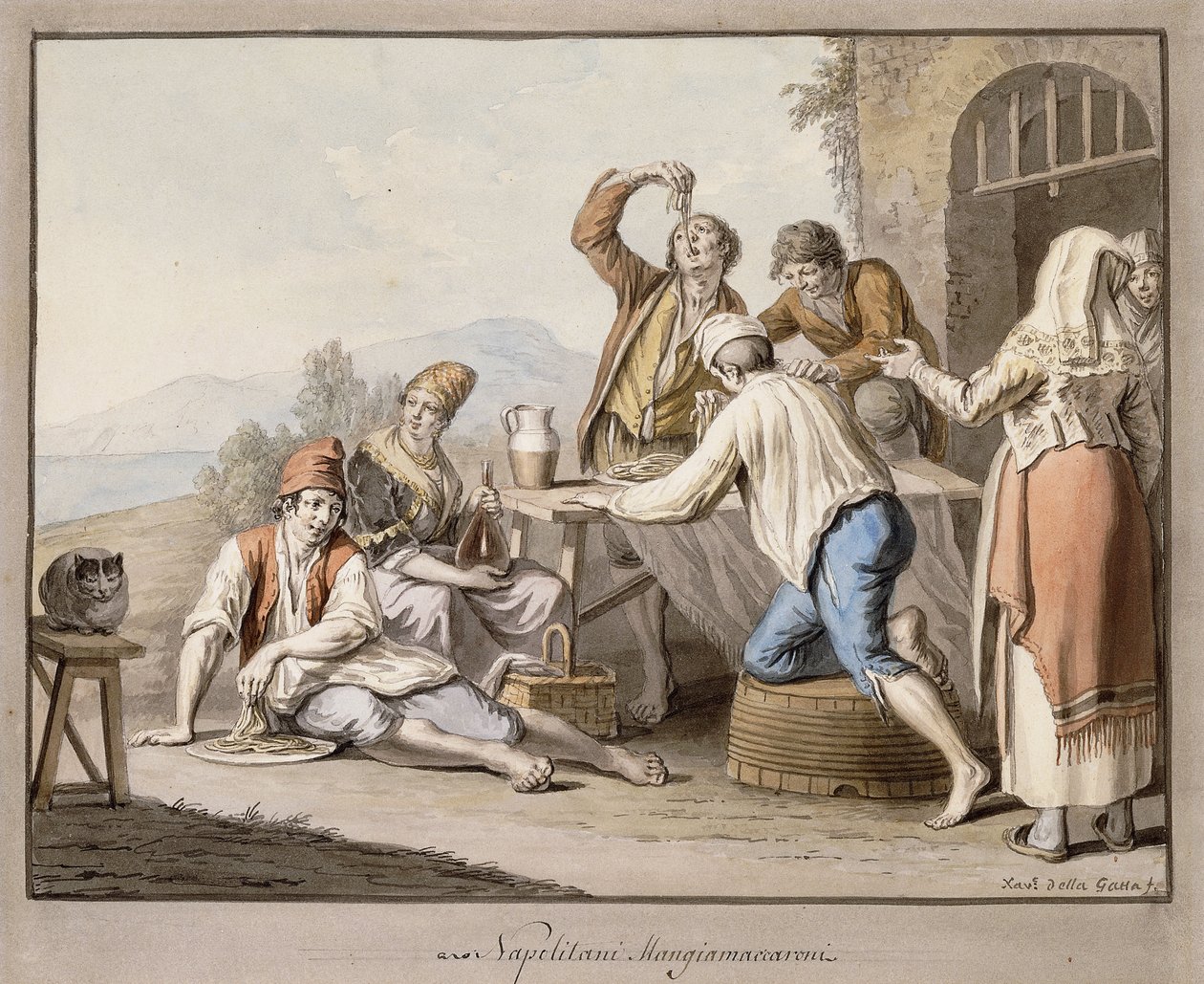Neopolitanos comiendo macarrones; Napolitani Mangia maccaroni de Saviero Xavier della Gatta