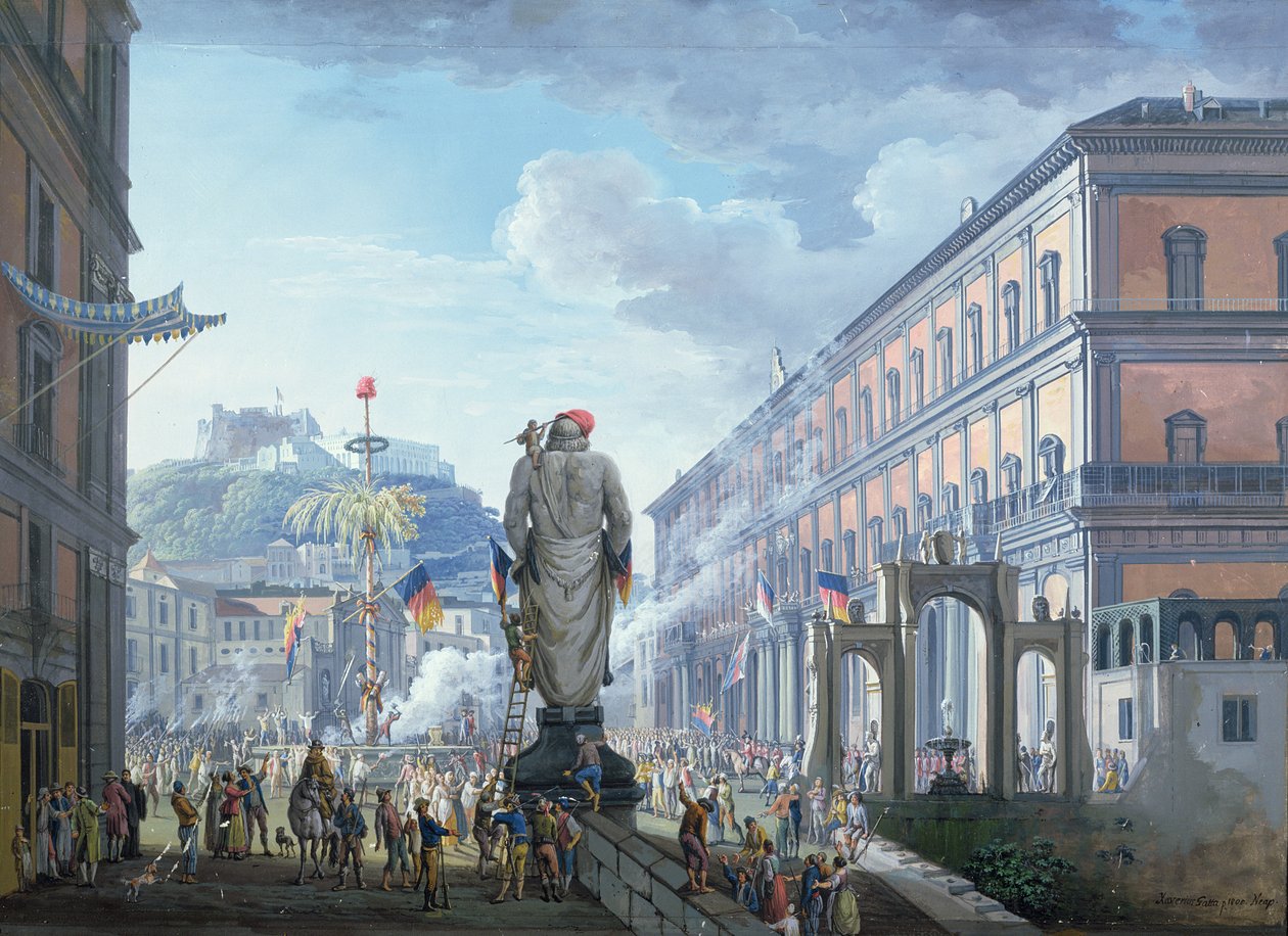 El Palazzo Reale, en el momento en que el Árbol de la Libertad fue derribado y las tropas en masa fueron dirigidas por los ingleses en 1799, 1800 de Saviero Xavier della Gatta