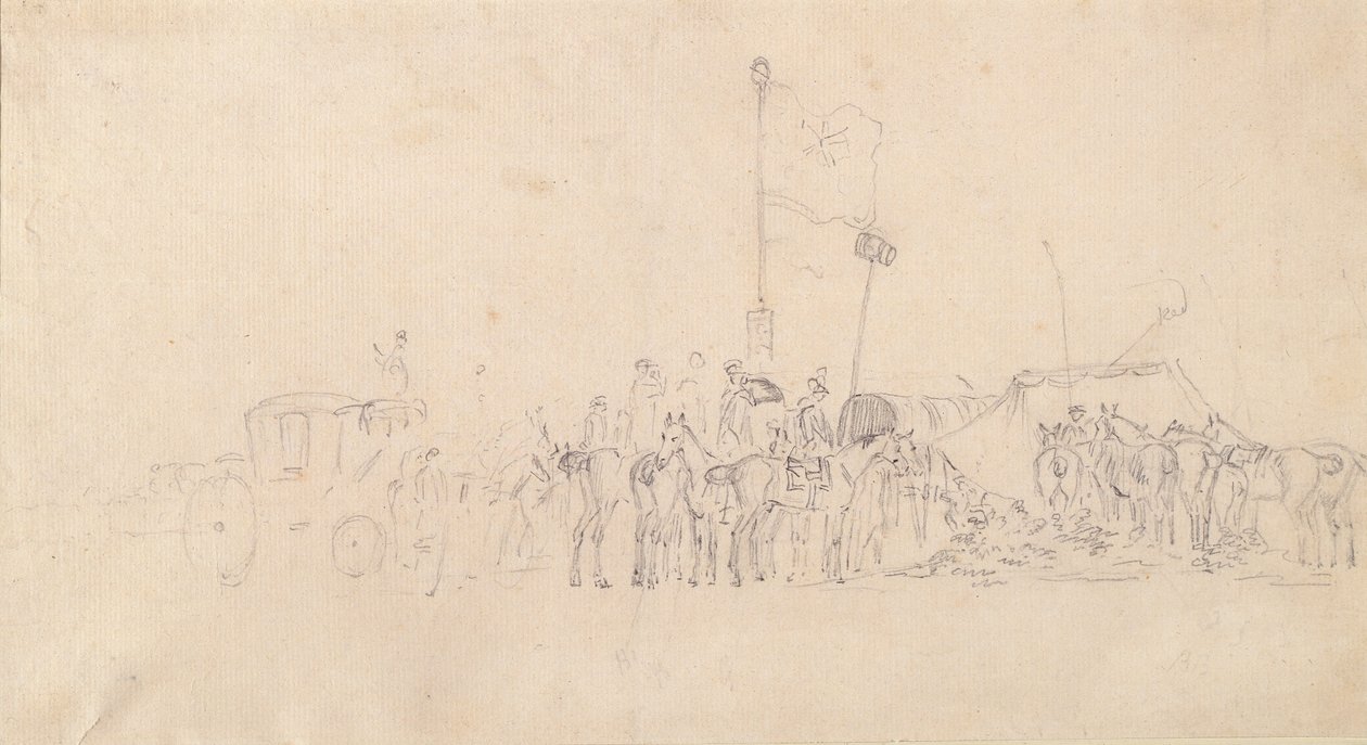Una reunión de jinetes con carruaje, tiendas y banderas de Sawrey Gilpin