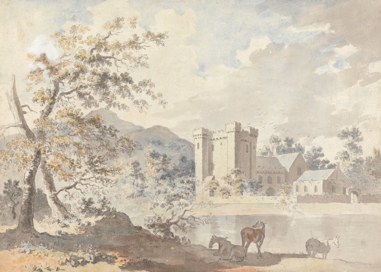 Castillo bajo las montañas con caballos junto a un río de Sawrey Gilpin