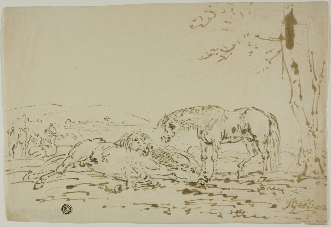 Paisaje con caballos en primer plano de Sawrey Gilpin