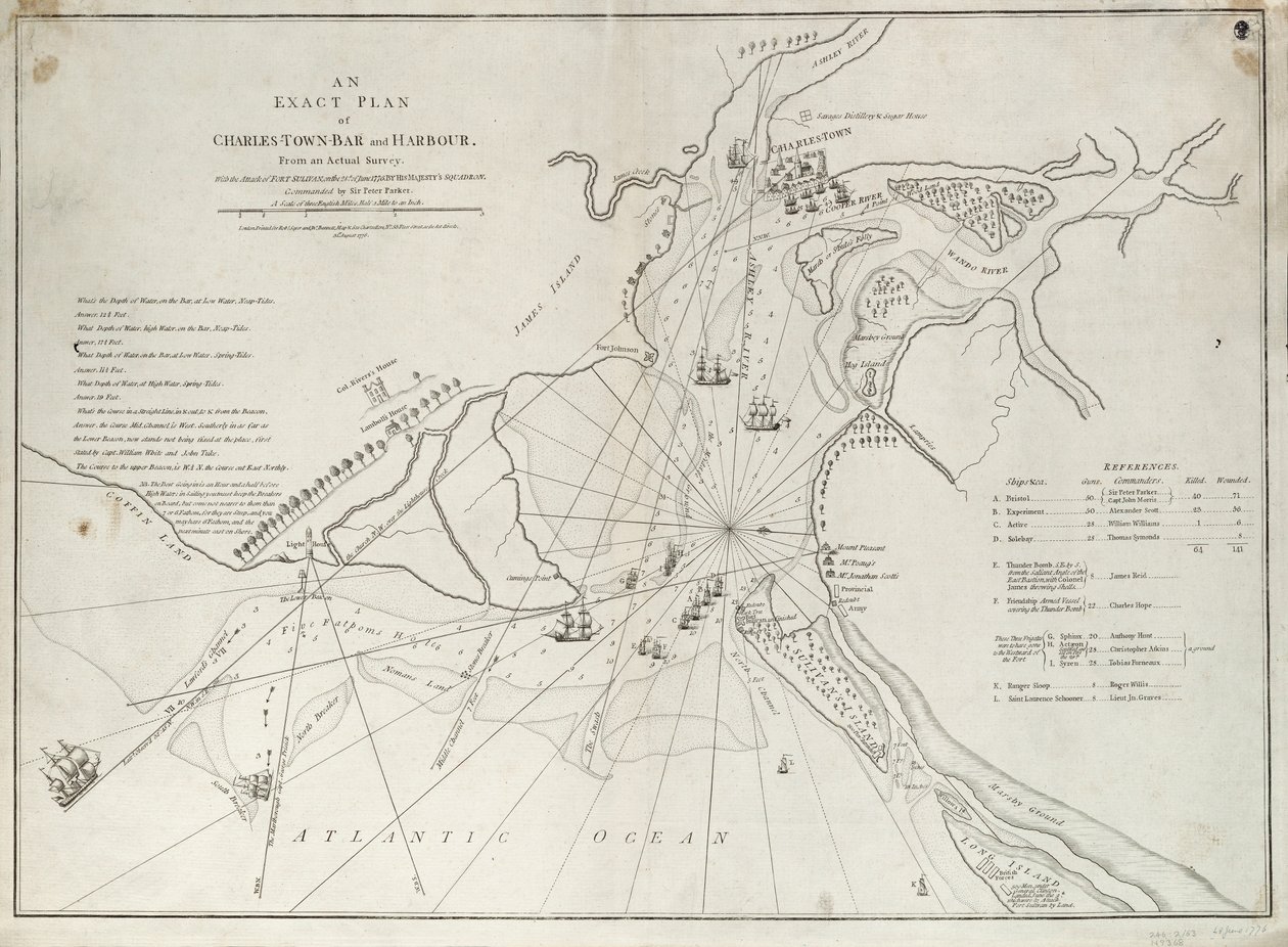 Un plano exacto de la barra y el puerto de Charles Town, a partir de una inspección real con el ataque de Fort Sullivan, el 28 de junio de 1776, por la escuadra de Su Majestad comandada por Sir Peter Parker. de Sayer & Bennett