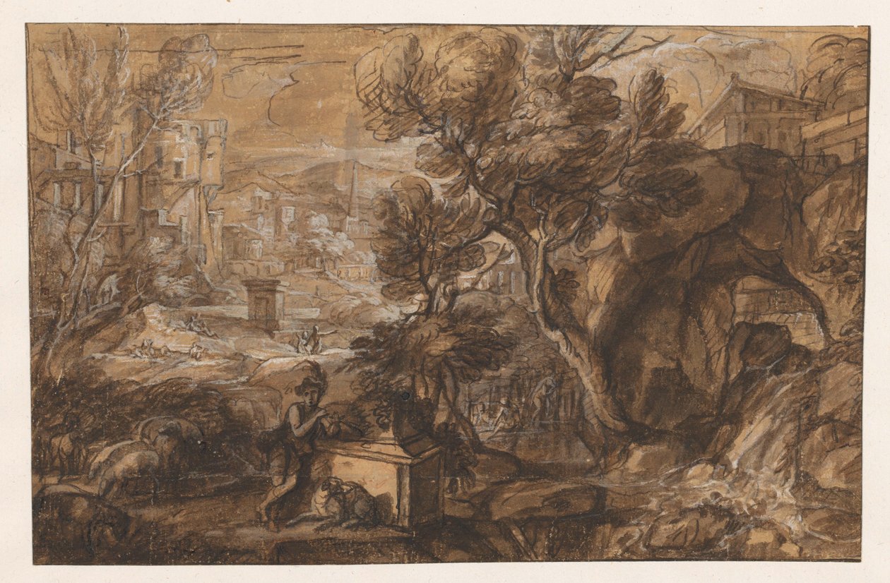 Paisaje con un pastor cerca de un antiguo sarcófago de Sébastien Bourdon (attributed to)